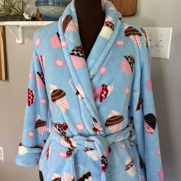 Oscar de la Renta womens plush cupcake bathrobe size small medium blue cozy comf - Picture 2 of 8
